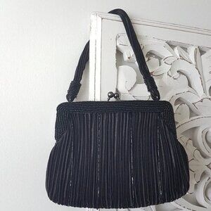 Jessica McClintock Black Beaded Evening Bag with Kiss Lock